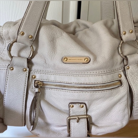 Michael Kors Leather Hobo Bag Cream w Goldtone Hardware Drawstring Snap Close L - Picture 2 of 8
